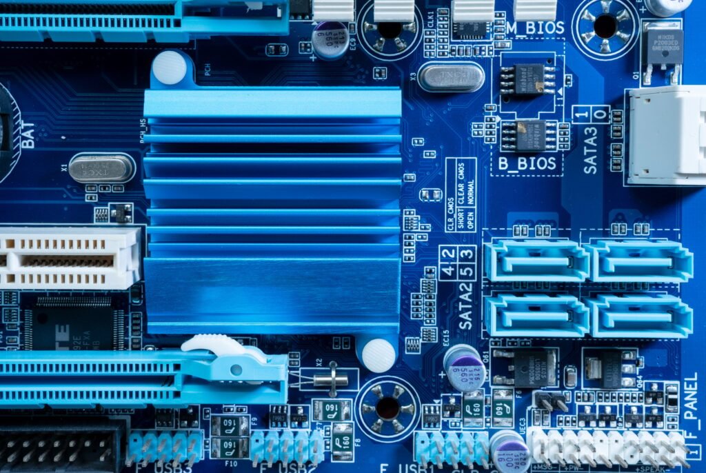 Electronic circuits in technology concept. Motherboard computer background. Microchip digital data
